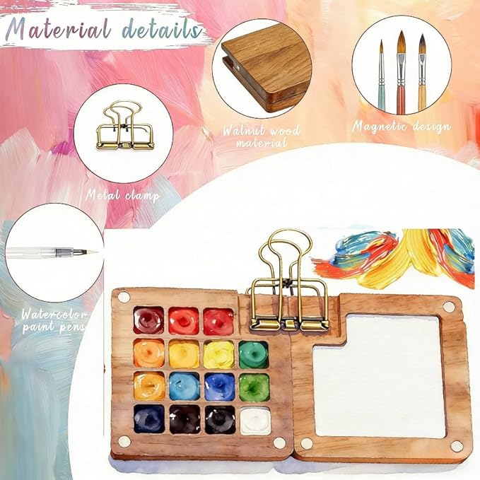 2026 New Mini Watercolor Paint Set with 24 colors and 15 Grids, Sketchbook & Pocket Travel Kit with Brushes, Copper Clips for Beginners and Artists, Walnut Wood