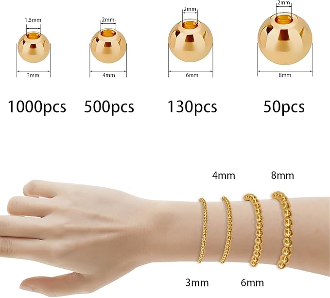 1680pcs Gold Round Spacer Beads 3/4/6/8mm 4 Size Smooth Ball Beads for Jewelry Making Metal Circle Bead for Bracelet Necklace Earring Making Supply