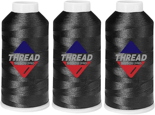 Sissewpro 40WT Machine Embroidery Thread 3 Big Spool (5,000M Each 15,000M Total) – 3 x Black Polyester Embroidery Machine Thread 120D/2 for Commercial & Home Embroidery Machines