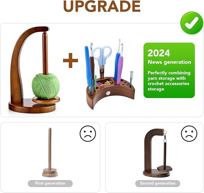 ULOI Crochet Yarn Holder - Upgrade with Crochet Accessories Storage Attachment, Magnetic Wooden Yarn Storage for Knitting Accessories, Perfect for Crocheting and Knitting Projects, Walnut Finish