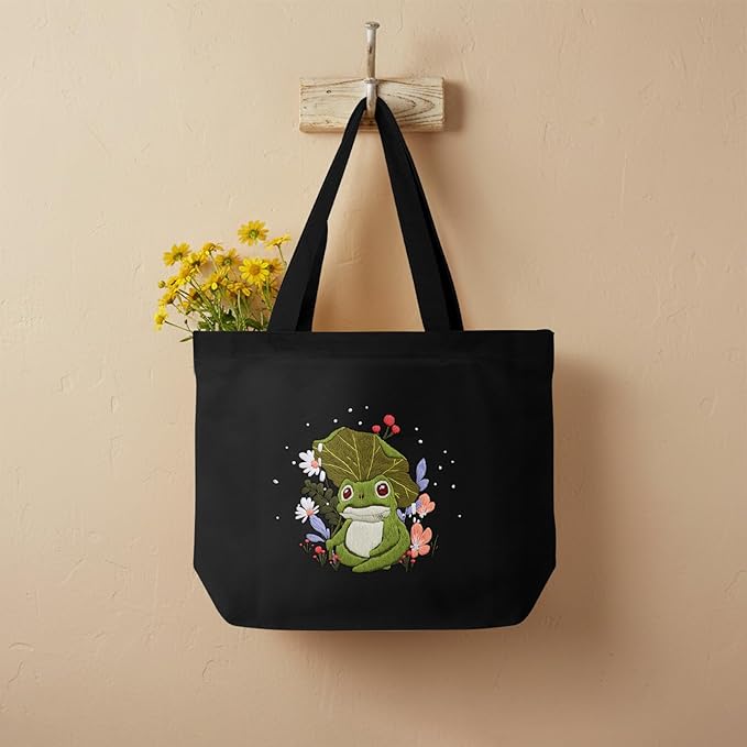 ERKOON Embroidery Canvas Tote Bag for Beginners, Floral Arts Crafts Cross Stitch Kits for Adults Including Stamped Embroidery Bag with Hoops, Needle, Instruction and Color Threads (Frog)