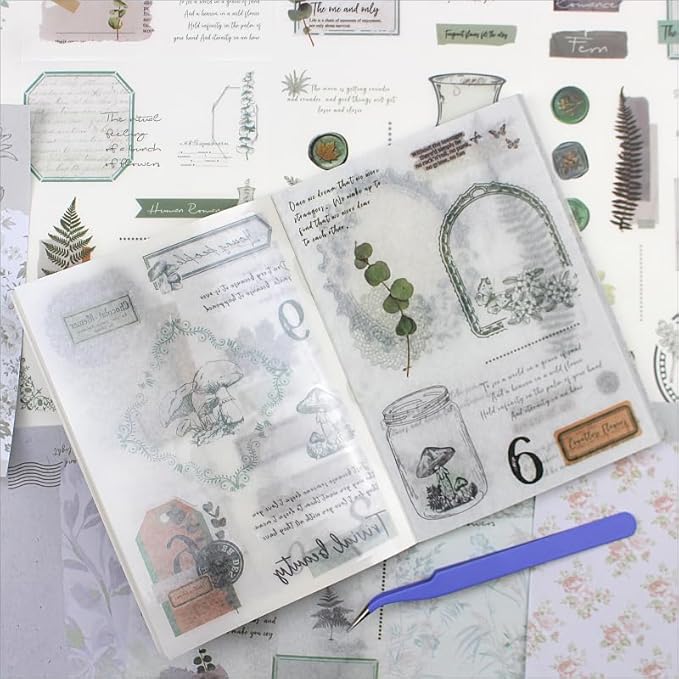 40 Sheets Nature Themed Washi Stickers Book for Adults, 180pcs Botanical Plant Stickers with 20 Adhesive Aesthetic Papers Ephemera for Bullet Junk Journaling Scrapbook Supplies