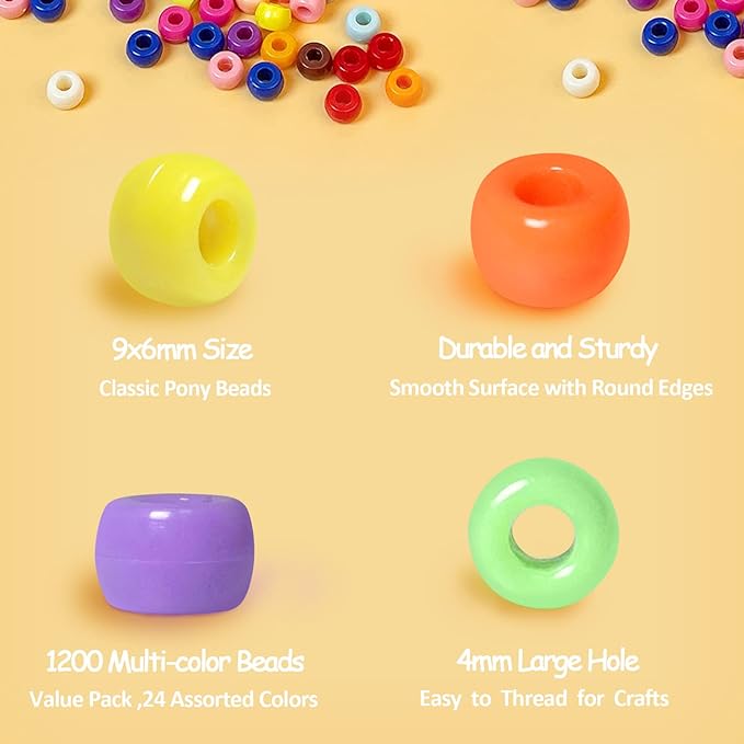 simetufy 1200 pcs plastic pony beads for bracelet making, multi-colored beads for hair braiding, diy crafts, kandi jewelry, key chains and ornaments decorations 24 assorted colors