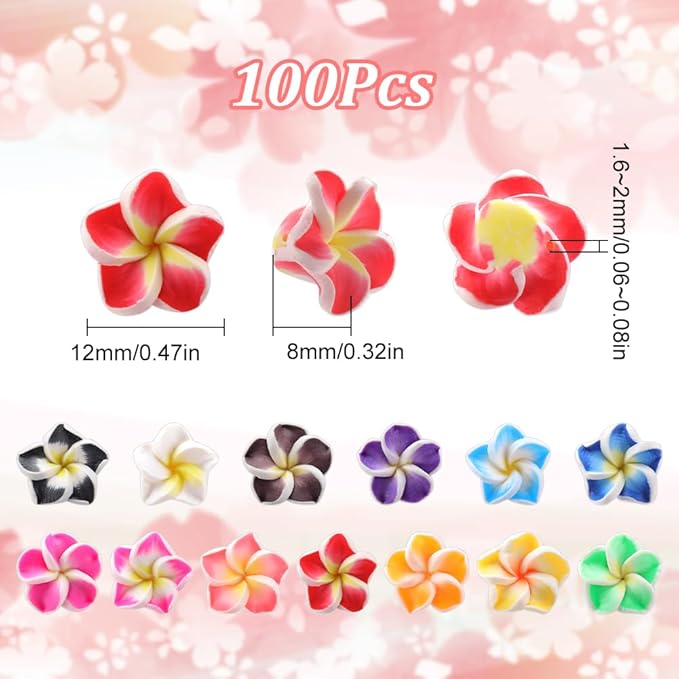 SUNNYCLUE 100Pcs Plumeria Beads Polymer Clay Flower Beads Bulk Handmade Hawaiian Plumerias Flowers 12x8mm Flat Back Floral Charms Summer Colorful 3D Loose Spacers for Jewelry Making Beading Kit
