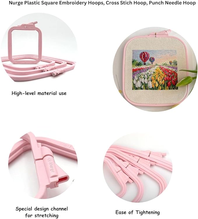 nurge square embroidery hoop - plastic cross stitch frame for needlepoint & embroidery - adjustable craft hoop - pink - set of 4