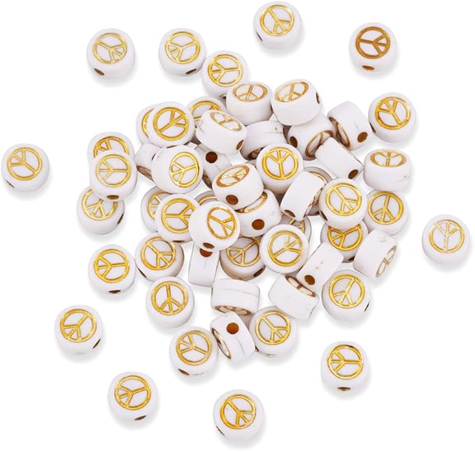 200Pcs Peace Sign Acrylic Beads Opaque Flat Round Beads Golden Symbol Acrylic Spacer Beads for DIY Necklace Bracelet Earring Jewelry Crafts Making Hole 1.6mm