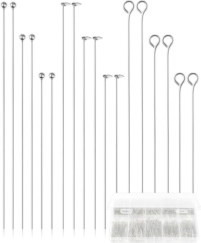 FIVEIZERO 900 PCS Eye Pins and Flat Head Pins for Jewelry Making, Metal Eyepins, Headpins & Ball Head Pins for DIY Earrings, Necklaces, Bracelets, Pendants, 1.2", 1.6", 2",Silver