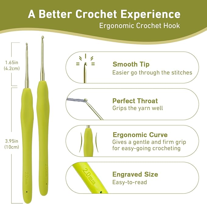 2mm Crochet Hook, Small Size 2 mm Ergonomic Crochet Hooks for Beginner, Comfort for Arthritic, 1 Pack