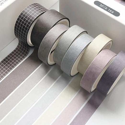 YUBBAEX 8 Rolls Basic Washi Tape Set Solid Color Grid Masking Decorative Tapes for Arts, DIY Crafts, Journals, Planners, Scrapbooking, Wrapping (Milk Tea)