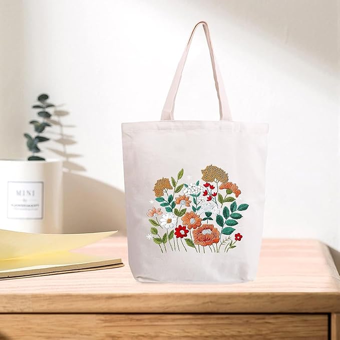 CREAWONDER Canvas Tote Bag Embroidery Kit with Pattern for Beginners, Arts and DIY Embroidery Crafts Kits for Adults, Include Instructions, Thimble, Embroidery Hoops, Color Threads and Tool