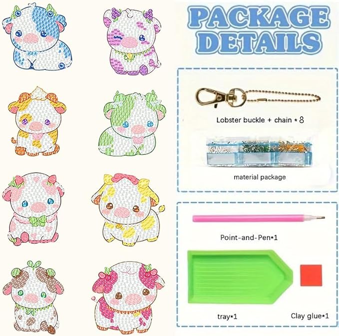 Masendp 8 Piece 5D DIY Cow Diamond Painting Keychain Set Fruit Cow Diamond Pendant Hanging Animal Art Decorations for Adult Beginner Pack Birthday Family Party Decoration