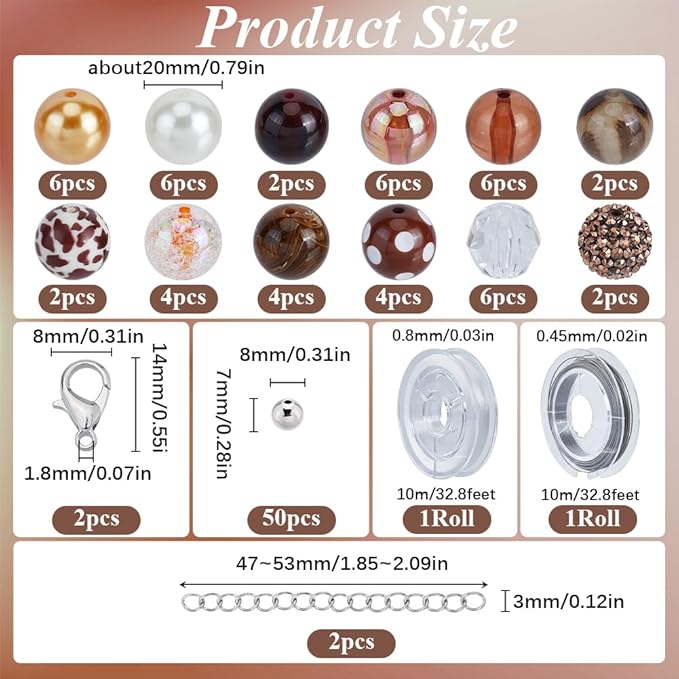 SUNNYCLUE 106Pcs Chunky Beads Bulk Bubblegum Bead 20mm Focal Bubble Gum Rhinestone Acrylic Round Brown Loose Spacers for Jewelry Making Bracelet Necklace Pen Craft Supplies Adults