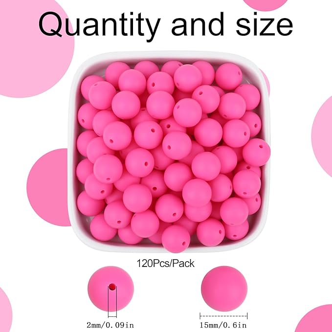 MAIBAOTA 120 Pcs Hot Pink Silicone Beads - 15 mm Round Beads for Keychain, Pens, Bracelet, Necklace Making - Bulk Pack with Boxed Kits