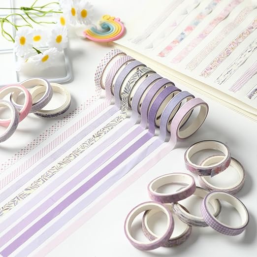 Washi Tape Set 20 Rolls Cute Vintage Washi Tape Decorative Tapes Adhesive Craft Washy Pattern Tapes for Scrapbooking Arts DIY Crafts Journal Planners Gift Wrapping Junk Journal Supplies, Purple
