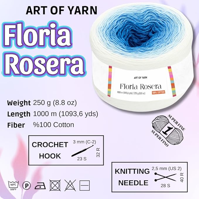 Floria Rosera Ombre 100% Cotton 250g (8.80oz) 1094 Yards Fine 1 Vibrant Multicolor Rainbow for Crochet Knitting Amigurumi Crafts Ideal for Spring Summer Projects Thick Soft