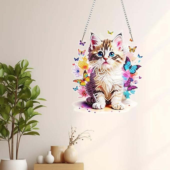 Masendp Butterfly Cat Diamond Art Pendant Set for Adults, 5D Special Shape Diamond Painting Cat Window Pendant Kit, Animal Gem Art Catcher Decoration Home Garden Wall Decoration