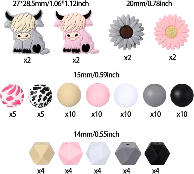 88Pcs Cow Daisy Silicone Beads 15mm Round Hexagon Focal Beads Bulk Daisy Flower Rubber Flat Loose Spacer Bead or DIY Crafts Beaded Pens Keychain Bracelet Necklace Making