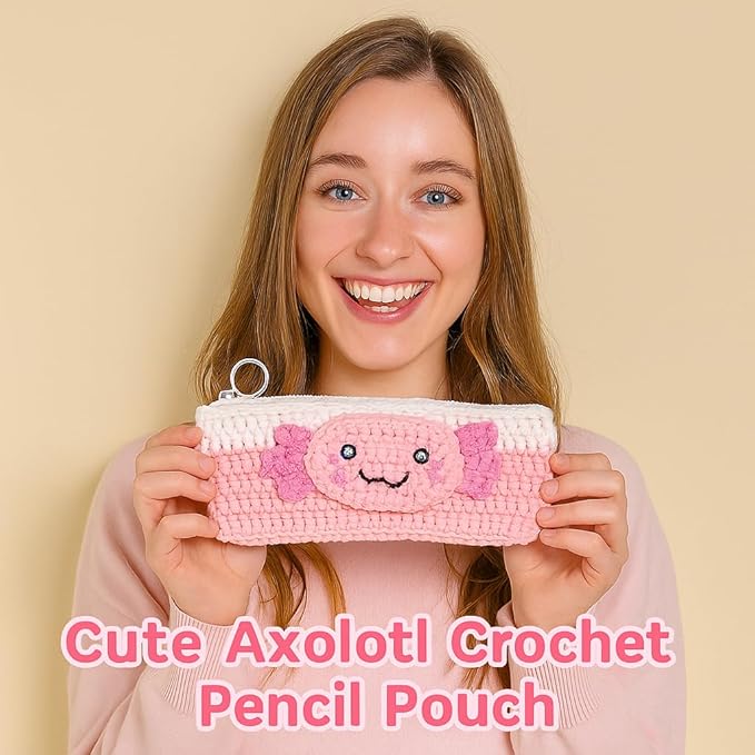 Axolotl Crochet Kit for Beginners, Learn to Crochet Pencil Bag Starter Set with Video Tutorial & Crocheting Manual, Easy Yarn Knitting Kit for Adult, DIY Amigurumi Birthday Xmas Gift Idea