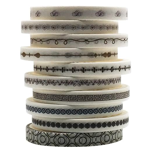 Vintage Pattern 5mm Wide Skinny Washi Tape Set, 10 Rolls Minimalist Japanese Masking Decorative Tapes for Bullet Journal Planners DIY Decor Crafts Arts Scrapbooking Adhesive