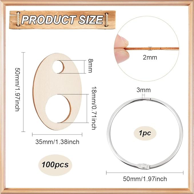 BENECREAT 100pcs Oval Wood Thread Drops, 1.9x1.3inch Wood Cross Stitch Thread Organization with Floss Ring for Craft DIY Sewing Storage, 2mm Thick