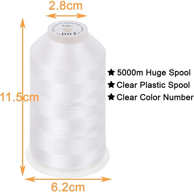 New brothread - 2 Huge Spools 5000M Each Polyester Embroidery Machine Thread 40WT for Commercial and Domestic Machines - White