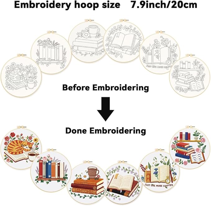 ORIGACH 6 Pack Book & Flower Embroidery Kits for Beginners, DIY Starter Hand Embroidery Kit with Floral Books Patterns and Instructions for Book Lover Adults Women Crafting