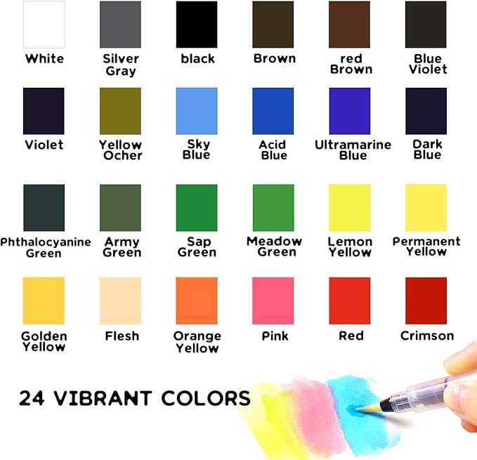 24 Colors Solid Watercolor Paint Set with Refillable Water Brush, Artist-Grade Half Pans in Tin Box - Professional Watercolor Kit for Artists, Adults, Beginners and Painting lovers