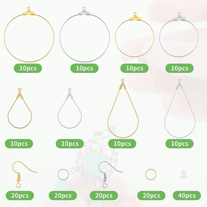 200PCS Earring Making Kit - Beading Hoop Finding, Open Hoops Bulk Wire for DIY Jewelry Craft Supplies - Teardrop and Round