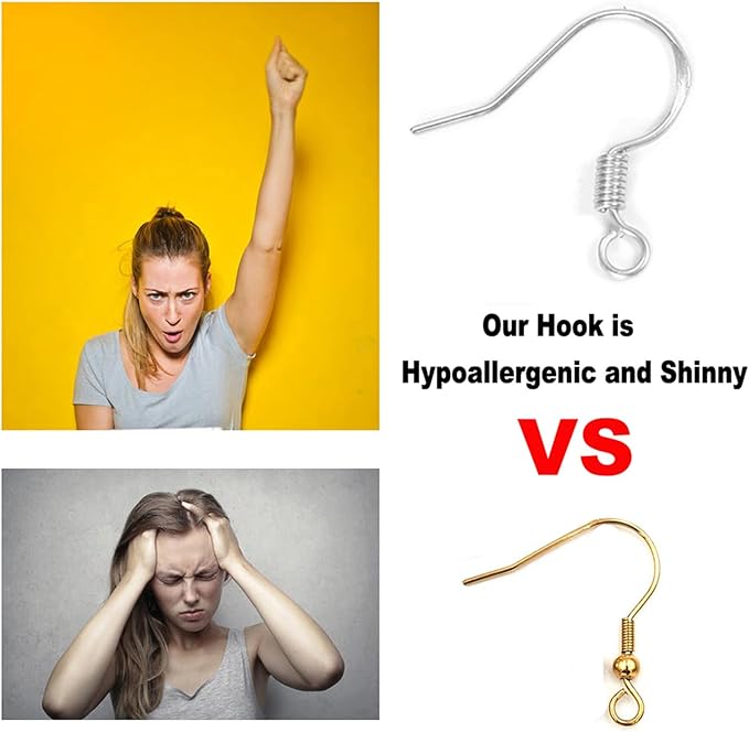 white gold earring hooks, 80 pcs/40 pairs ear wires fish hooks, 240pcs hypoallergenic earring making kit with jump rings and clear silicone earring backs stoppers