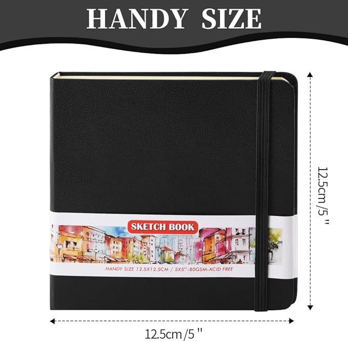 Square 5x5 inches 80gsm 96sheets/192 Pages Notebooks Blank Sketchbooks Travel Journal Pocket Hardcover Paint Writing Diary Memo Planner PU Leather Cover. Black