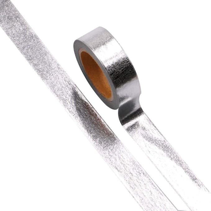 MEI YI TIAN 6 Rolls Solid Silver Foil Washi Tape Set 15mm Width 10m Length Glitter Paper Adhesive Masking Tapes Sticky Paper Tape for DIY Scrapbooking Bullet Crafts Art Journal Decoration