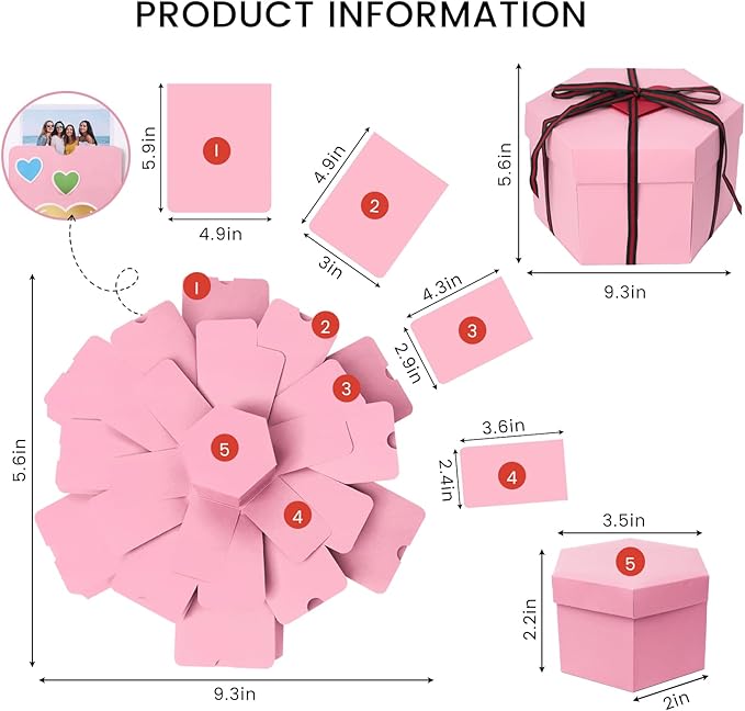 Koogel Explosion Gift Box, Surprise Picture Love Box Pink Exploding Photo Album with DIY Scrapbooking Accessories for Birthday Wedding