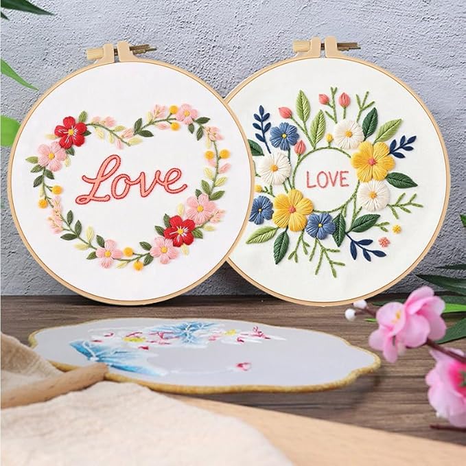 Konrisa 3pcs Love Flower Embroidery Kits for Beginners Adults, DIY Sewing Needlepoint Cross Stitch Kits for Anniversary Valentine's Day, Brithday, Christmas and Home Decoration