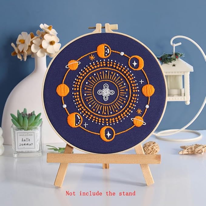 konrisa 3 pcs stamped embroidery starter kit for adults beginners, universe planet pattern cross stitch kits, diy sewing practice kit, needlepoint kits include 1pcs hoops, hanging decoration for home