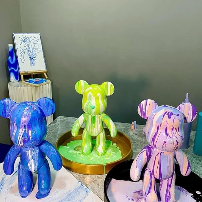 HANDA DIY Painting Fluid Bear Teddy Bear Painting Kit Set Creative Home Decorations Handmade Doll Figurine Toys Gift for Birthday Valentines (9.05 inch, Blue+White)