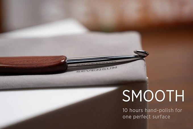 SEVENSUN Mimosa 1.2mm Single Crochet Hook, Available in 0.6mm-6.5mm, Ergonomic Hand Polished Stainless Steel Inline Pointy Wood Handle Crochet Hook for Arthritic Hands