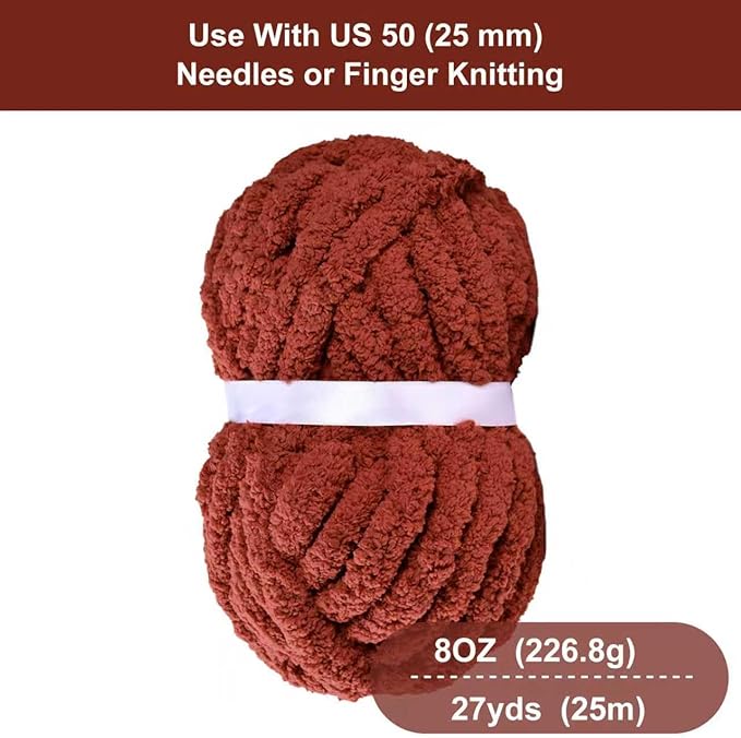 Chunky Chenille Yarn for Hand Knitting - Fluffy Soft Jumbo for Circular Needle & Crochet Hook, Super Bulky Big for Chunky Blanket, Large Thick Arm Knitting, 3 Pack, Dark Red