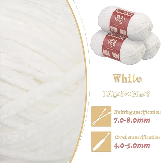 LUNARM Chenille Yarn for Crocheting Knitting, 3 Skein 263 Yard Thick Soft Chunky Fluffy Weaving Plush Yarn for Blankets Clothes Pattern Creations with Big Eye Needles (White)