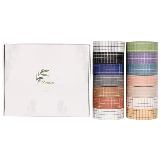 Knaid Grid Washi Tape Set, 14 Rolls of 15 mm Wide Decorative Colored Masking Tapes for Scrapbooking, DIY Decor and Crafts, Bullet Journals, Planners, Junk Journal, Gift Wrapping