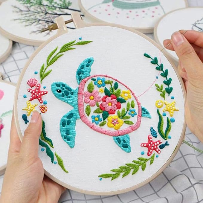 Louise Maelys Sea Turtles Embroidery Kits for Beginners, DIY Cross Stitch Starter Craft Kit for Adults Including Cloth with Pattern, Hoop, Needles Instruction and Threads