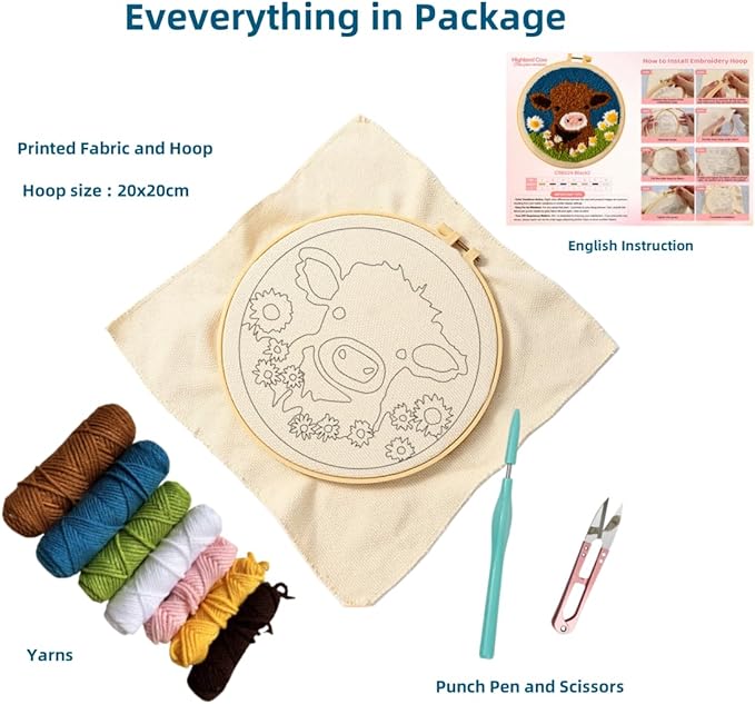 DIY Punch Needle Kits for Beginners Cute Cartoon Highland Cow with Daisy Flower with Hoop Embroidery Punch Needle Starter Craft Set Easy for Adults and Children Festival Gift and Decoration 20x20cm-1