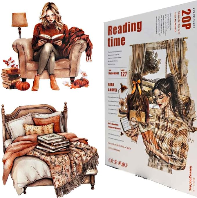 20 Sheets Reading Time Ephemera Sticker Book for Journaling Supplies, Aesthetic Fashion Girl Sticker for Scrapbook Kit Junk Journal, Pre-Cut PET Stickers for Bujo Planner Arts Craft
