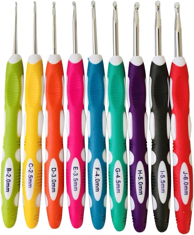 9 Pieces Crochet Hooks Ergonomic Ergonomic Crochet Hooks Set Soft Grip Handle Knitting Needles Craft Making Tool for Arthritic Hands Size B to J 2.0mm-6.0mm