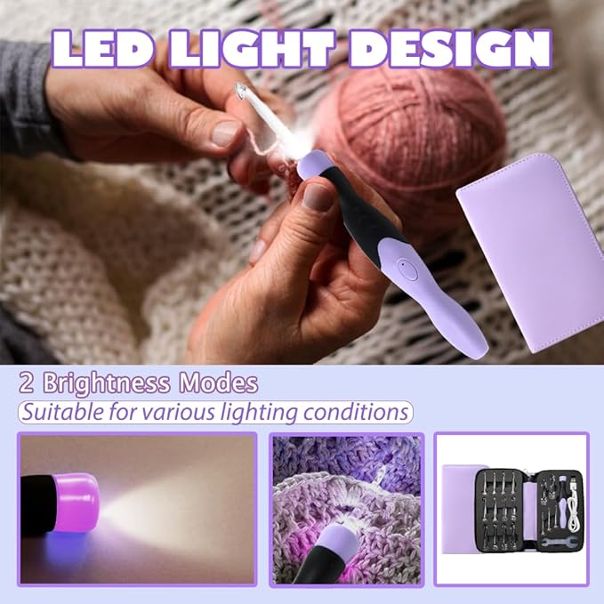 lewhoo 17 sizes lighted crochet hooks set 2.5mm~14.0mm, metal crochet hook with interchangeable crochet head