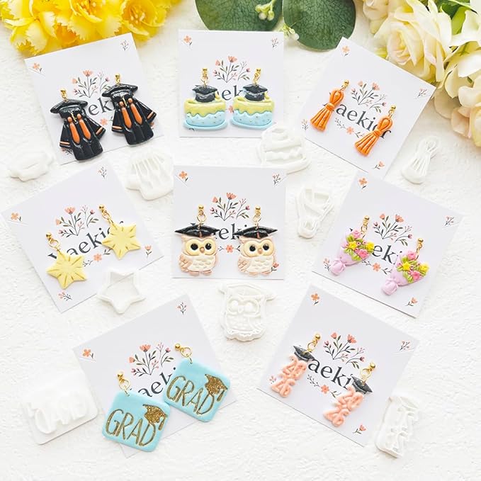 Graduation Polymer Clay Cutters & Stamp Set - 11pcs Sharp & Durable 2026, Owl, Cap, Gown, Diploma, Cake & Star Shapes for DIY Earring Jewelry Making, Soft Clay Crafts & Class Party Supplies