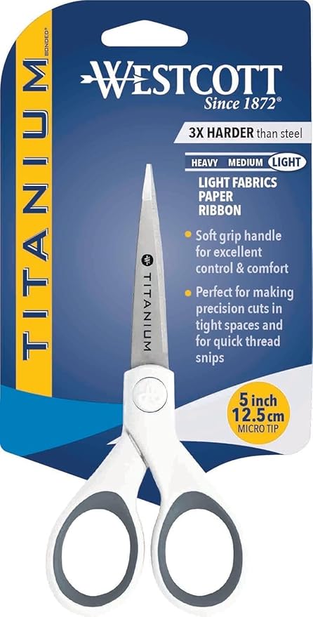 Westcott 5-Inch Micro-Tip Fabric Scissors with Titanium-Bonded Blades - Craft Scissors for Paper and Fabric, Sewing, and More