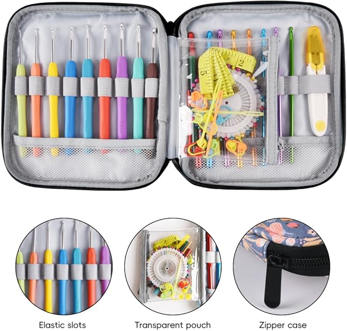 Crochet Hook Case,Portable Zipper Storage Organizer Bag for Crochet Hooks, Knitting Needles, Project & Sewing Supplies, Lightweight,Easy to Hold (No Accessories Included).Blue Cartoon Flower