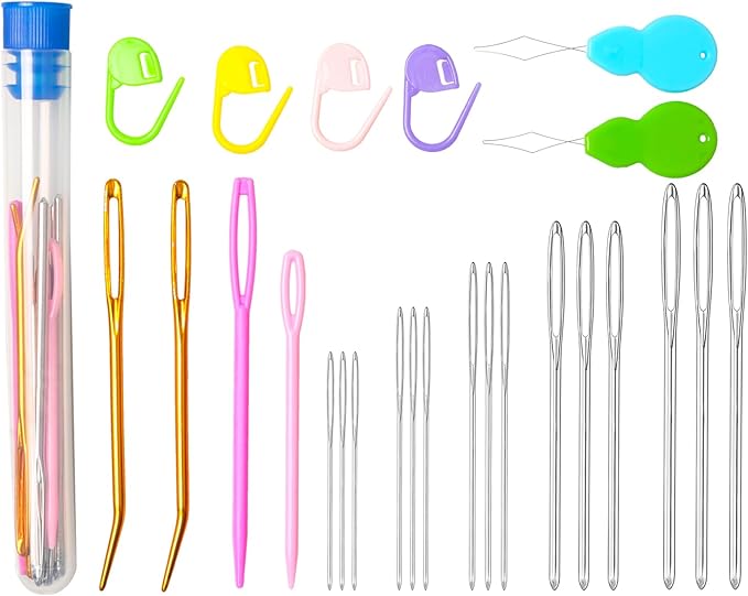 Hekisn 25Pcs Large Eye Blunt Yarn Needles Kit, Assorted Sizes Bent Tapestry Darning Needle & Stitch Markers &Threaders for Knitting, Crochet (Blue)