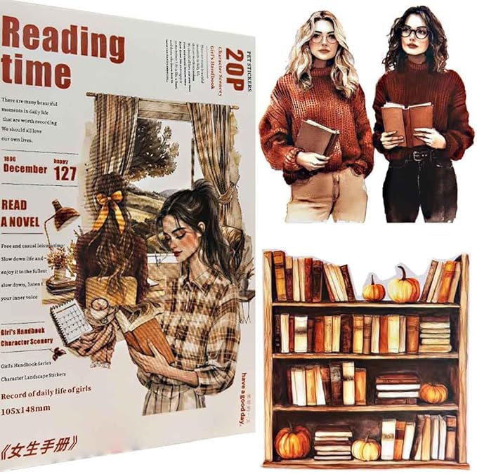 20 Sheets Reading Time Ephemera Sticker Book for Journaling Supplies, Aesthetic Fashion Girl Sticker for Scrapbook Kit Junk Journal, Pre-Cut PET Stickers for Bujo Planner Arts Craft