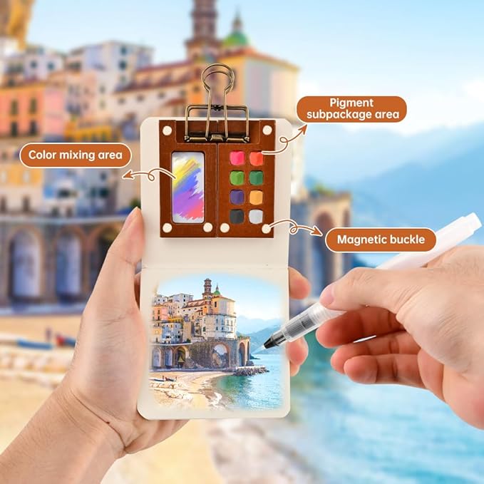 Pocket Artist Watercolor Travel Set, Mini Watercolor Palette Collection(8 Grids), Portable Kit Paint, Brush, Sketchbook & Copper Clip for Artists, Outdoor Sketchers & Beginners